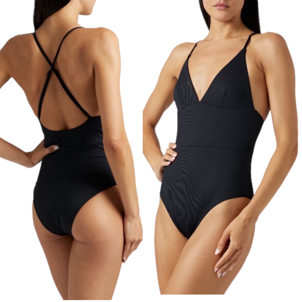 ONIA VALENTINA Black Solid Rib Swimsuit One Piece V-Neck Strappy Small NWT